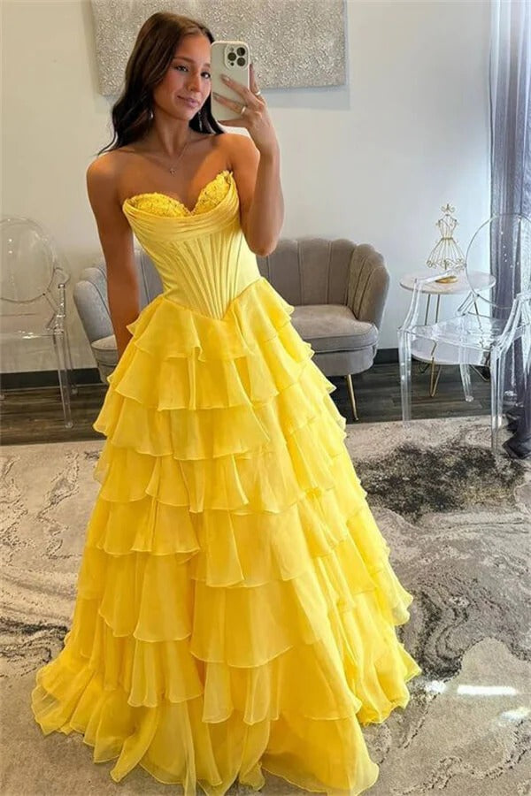 Sunshine Yellow Strapless Corset Ruffle Tiered Tulle Ball Gown with Slit