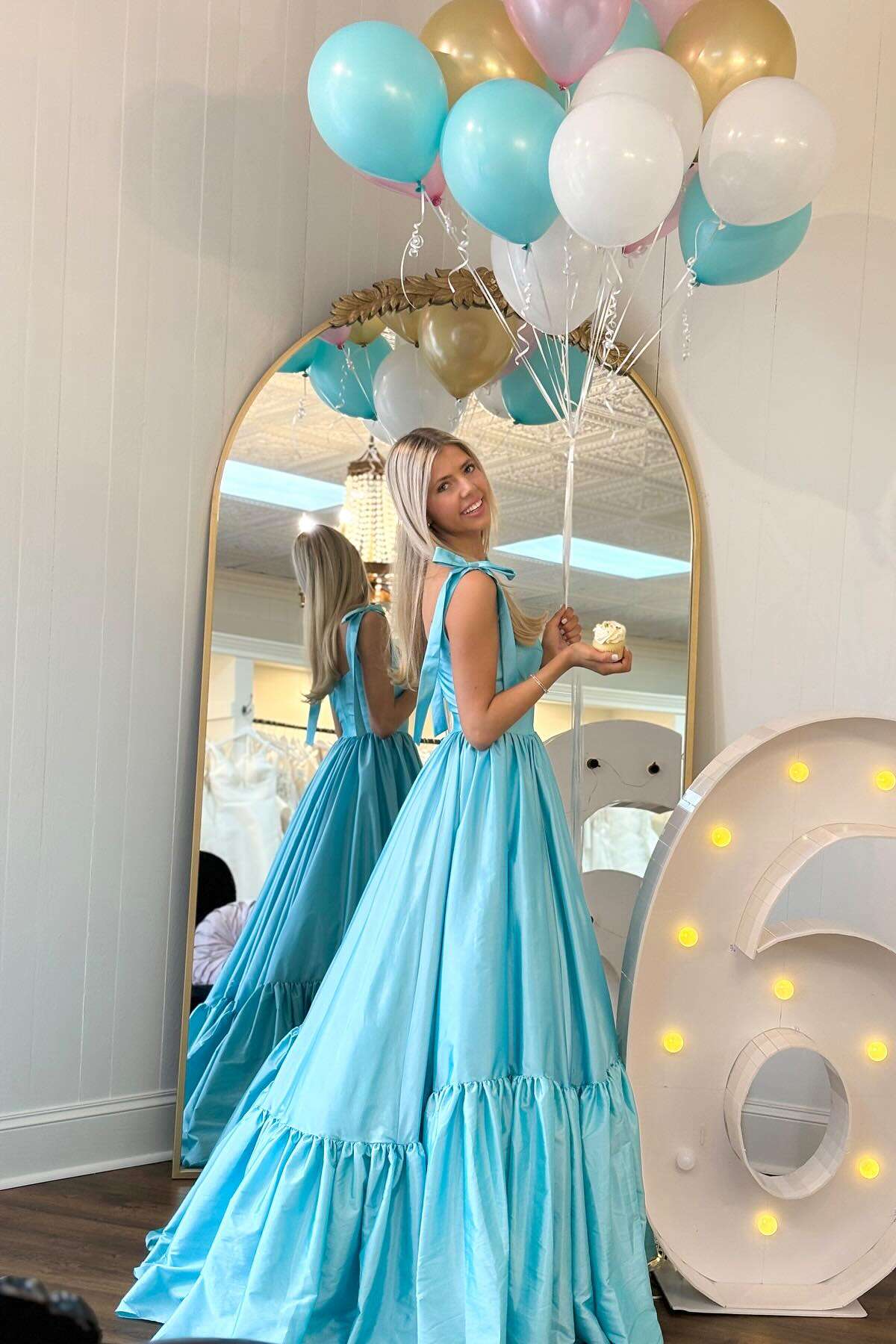 Taffeta Sweetheart Neckline Ball Gown with Tie-Strap Shoulders & Layered Ruffle Hem