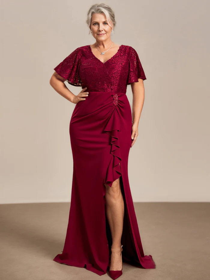 Plus Size Kleid für die Brautmutter mit Lotusblatt-Saum und Spitzenoberteil 