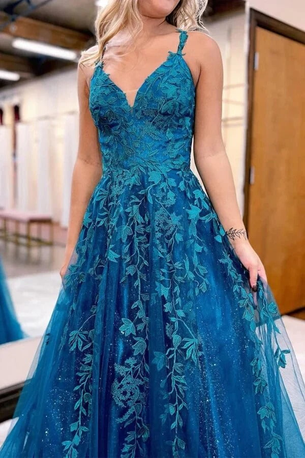 Teal 3D Floral Lace Glitter Tulle A-Line Prom Gown – Deep V-Neck Lace-Up Back Formal Dress
