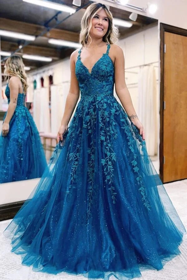 Teal 3D Floral Lace Glitter Tulle A-Line Prom Gown – Deep V-Neck Lace-Up Back Formal Dress