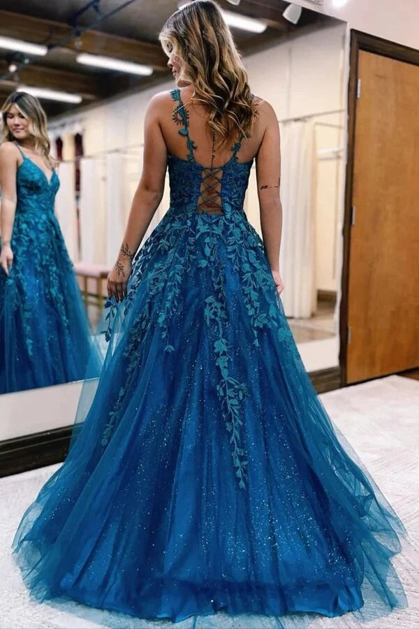 Teal 3D Floral Lace Glitter Tulle A-Line Prom Gown – Deep V-Neck Lace-Up Back Formal Dress