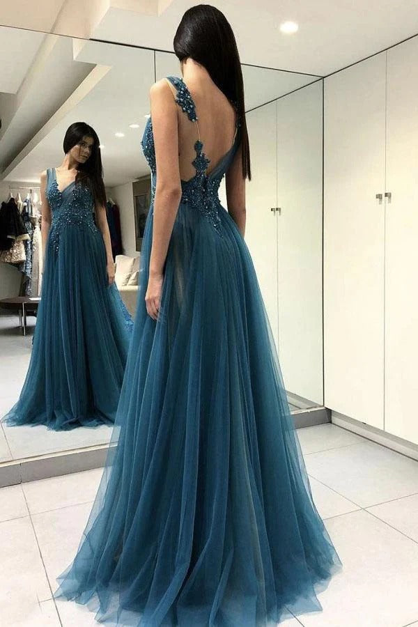 Teal Blue V-Neck Illusion Beaded Lace Tulle A-Line Prom Maxi Gown with Slit & Train