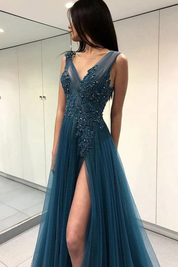Teal Blue V-Neck Illusion Beaded Lace Tulle A-Line Prom Maxi Gown with Slit & Train