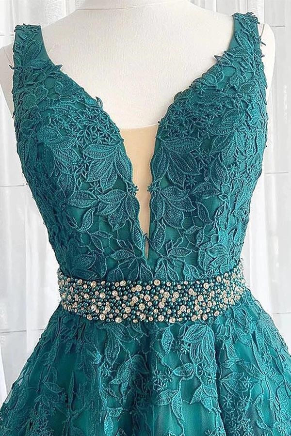 Teal Lace Appliqué Tulle Ball Gown with Beaded Waistband