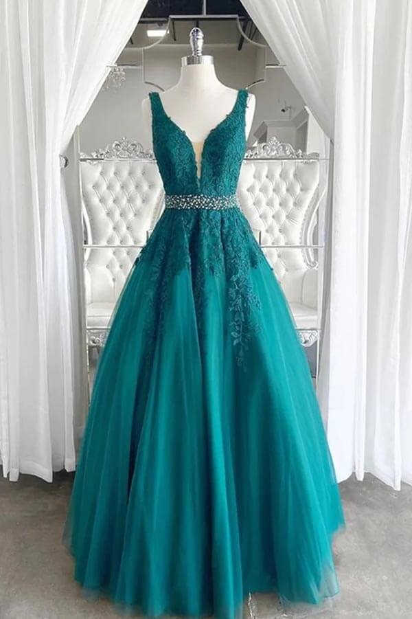 Teal Lace Appliqué Tulle Ball Gown with Beaded Waistband