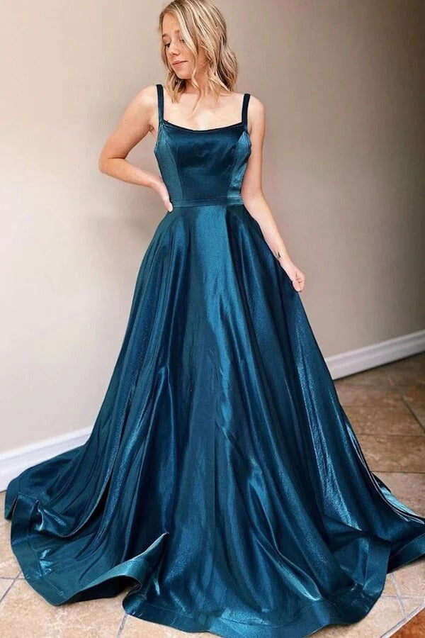 Teal Satin Ball Gown with Open Back and Sweep Train