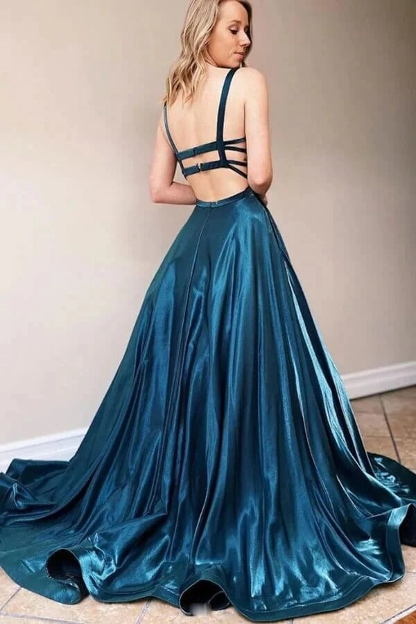 Teal Satin Ball Gown with Open Back and Sweep Train