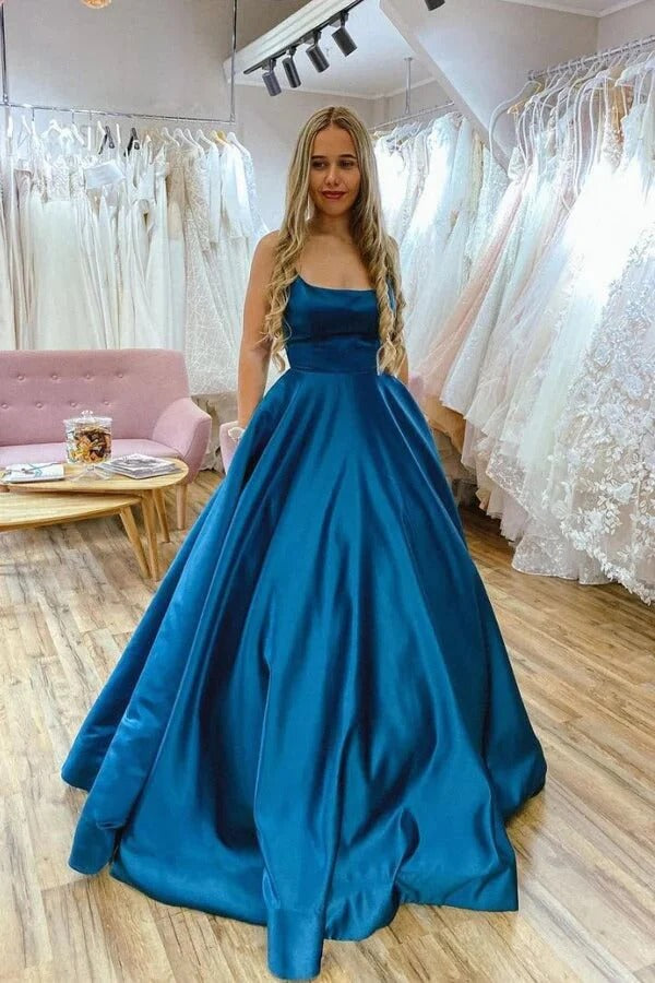 Teal Satin Square Neck Ball Gown – Lace-Up Backless A-Line Prom Formal Dress