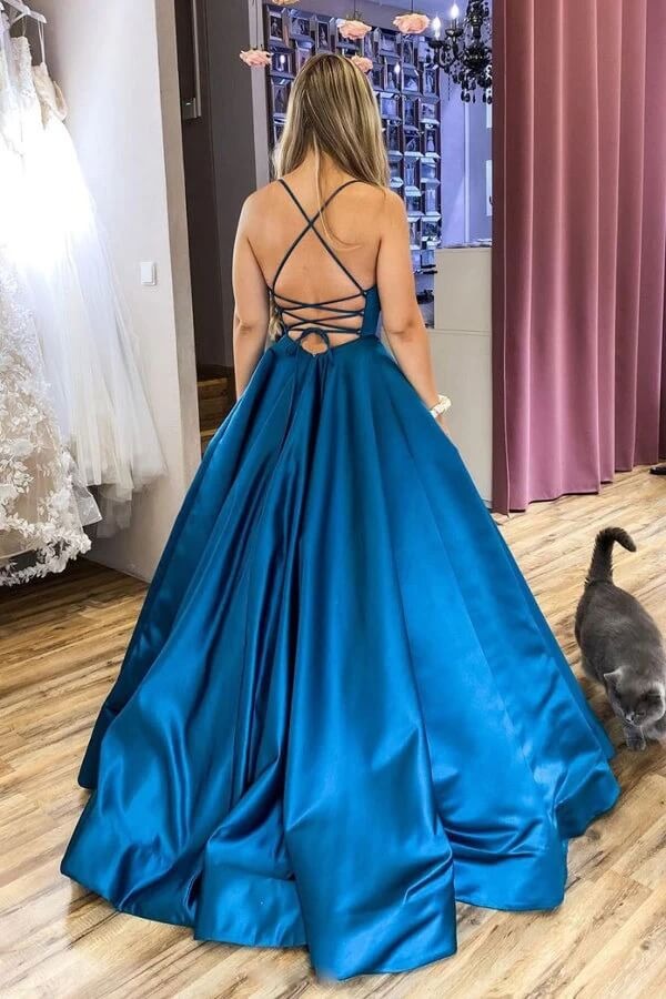 Teal Satin Square Neck Ball Gown – Lace-Up Backless A-Line Prom Formal Dress