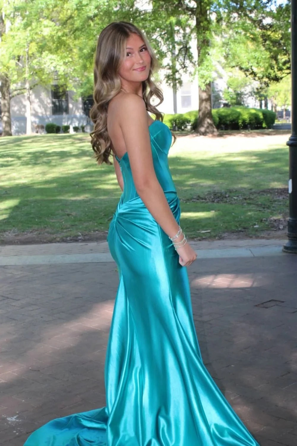 Teal Satin Strapless Corset High Slit Trailing Gown – Prom Formal Dress