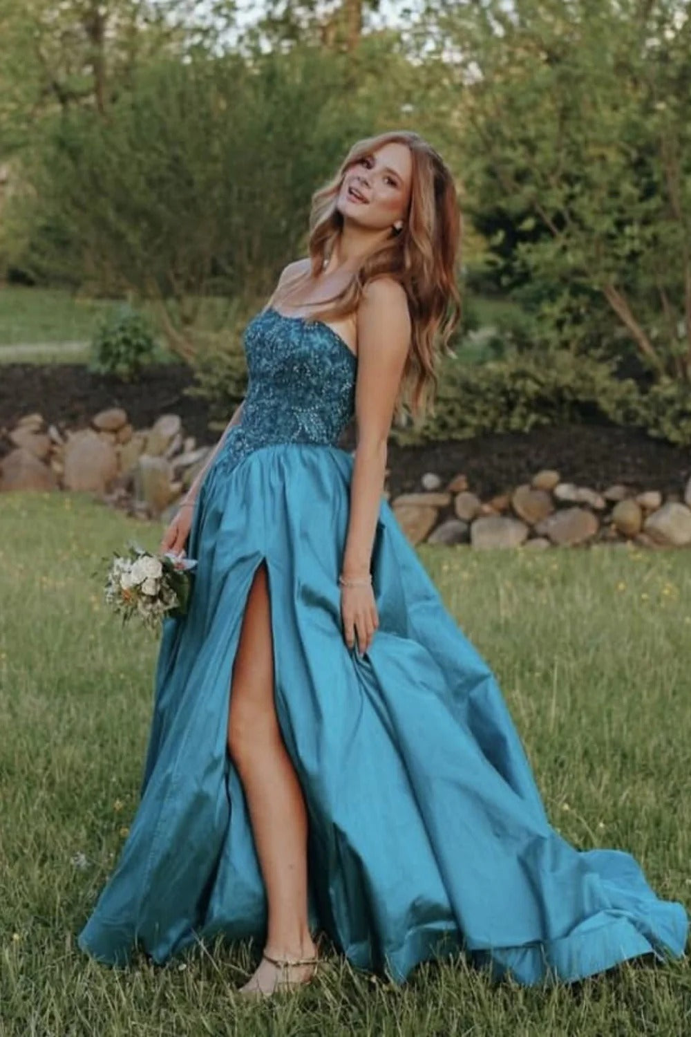 Teal Strapless Beaded Ball Gown High Slit Maxi Dress – Prom Wedding Dress