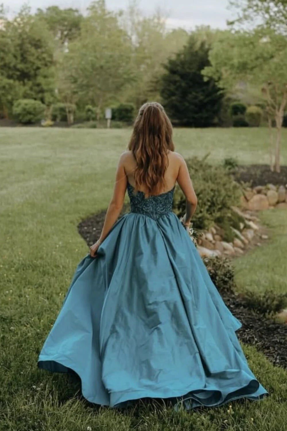Teal Strapless Beaded Ball Gown High Slit Maxi Dress – Prom Wedding Dress