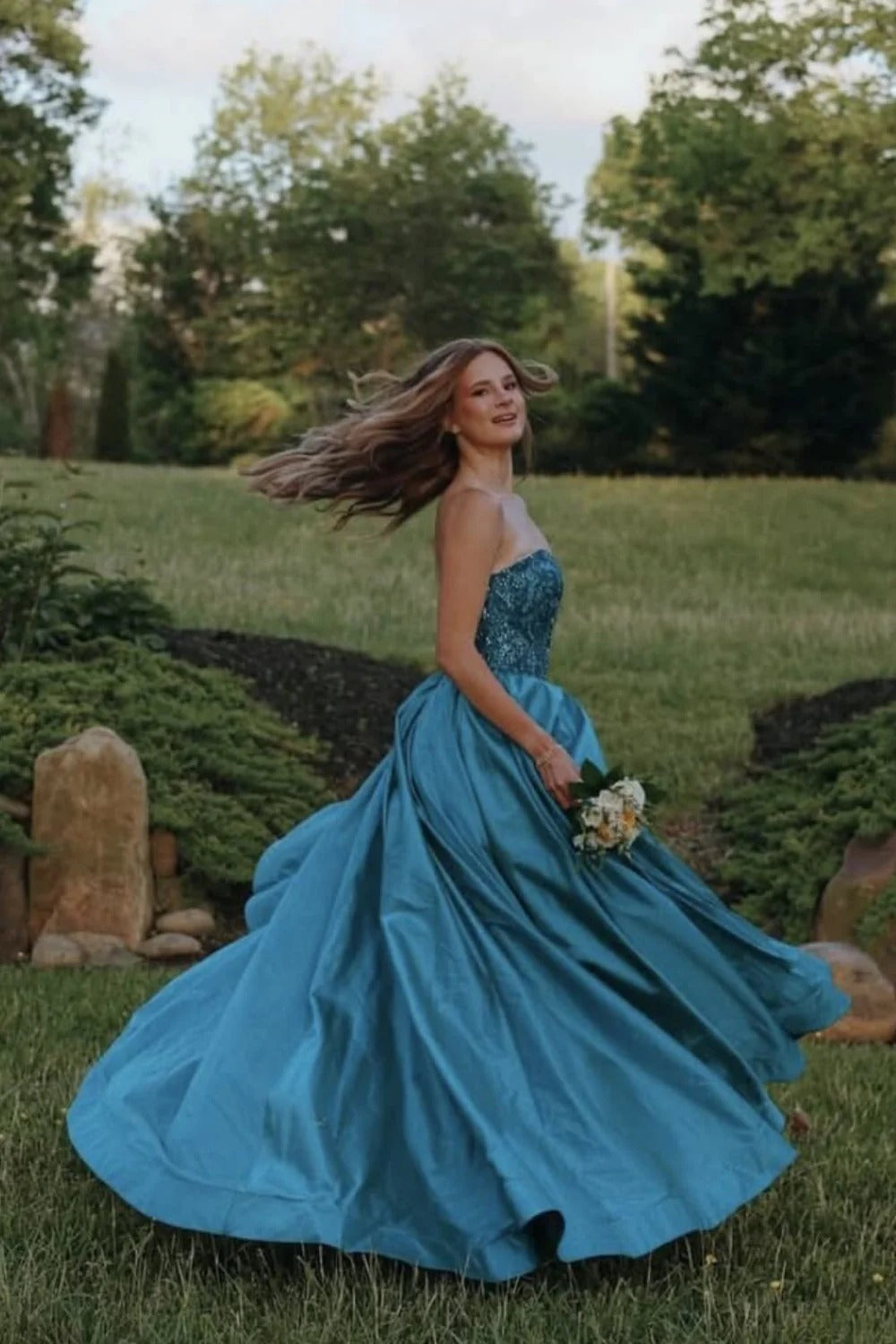 Teal Strapless Beaded Ball Gown High Slit Maxi Dress – Prom Wedding Dress