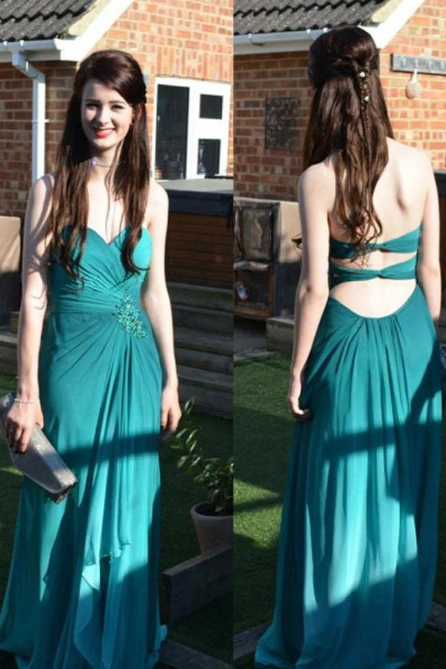 Teal Strapless Chiffon Gown with Crisscross Back Cutout