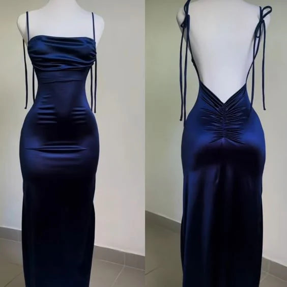 Sleek Form-Fitting Cowl Neck Spaghetti Strap Ruched Back Floor-Length Prom Dress