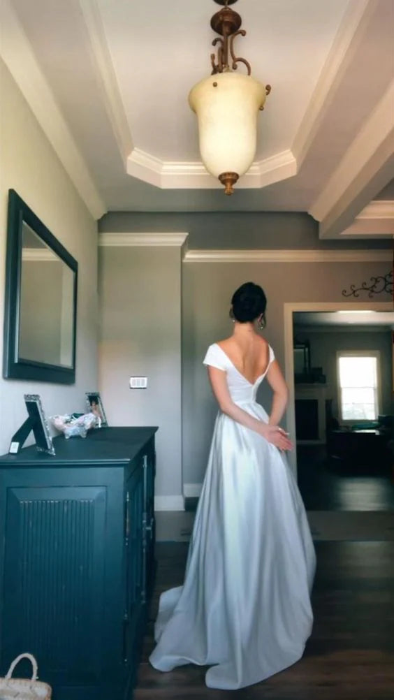 Timeless Square Neck Ivory Satin Evening Dress with Cap Sleeves & Floor-Length Ball Gown Skirt