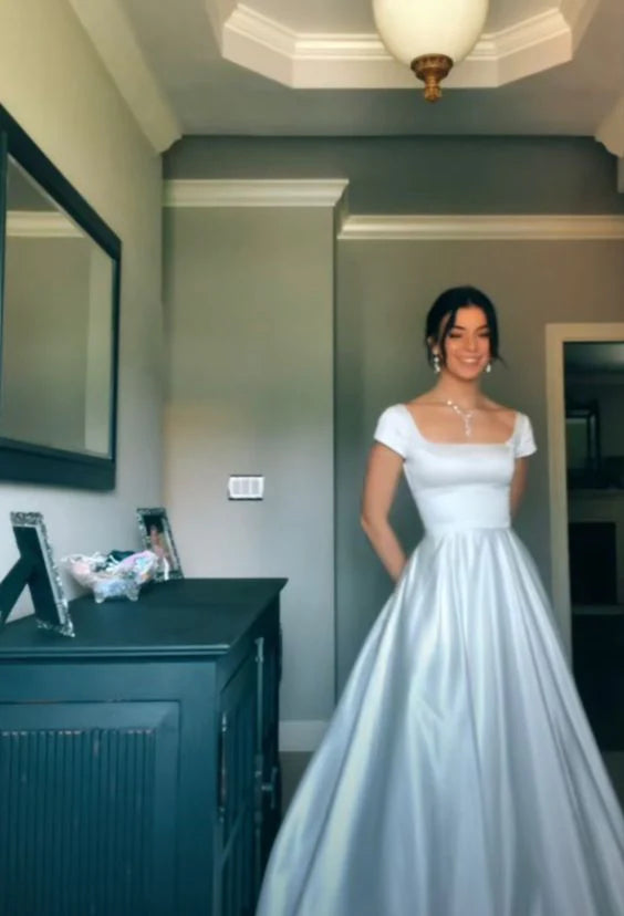 Timeless Square Neck Ivory Satin Evening Dress with Cap Sleeves & Floor-Length Ball Gown Skirt