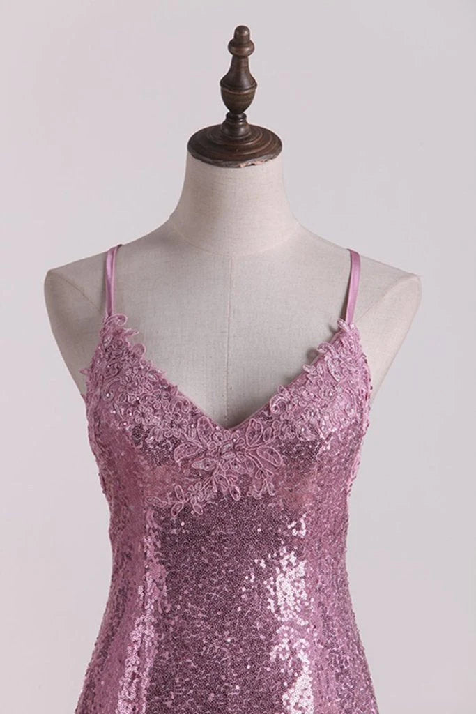 Trompete/Meerjungfrau Spaghettiträger Roségold Pailletten Rückenfreies Ball-/Abendkleid mit Applikation 