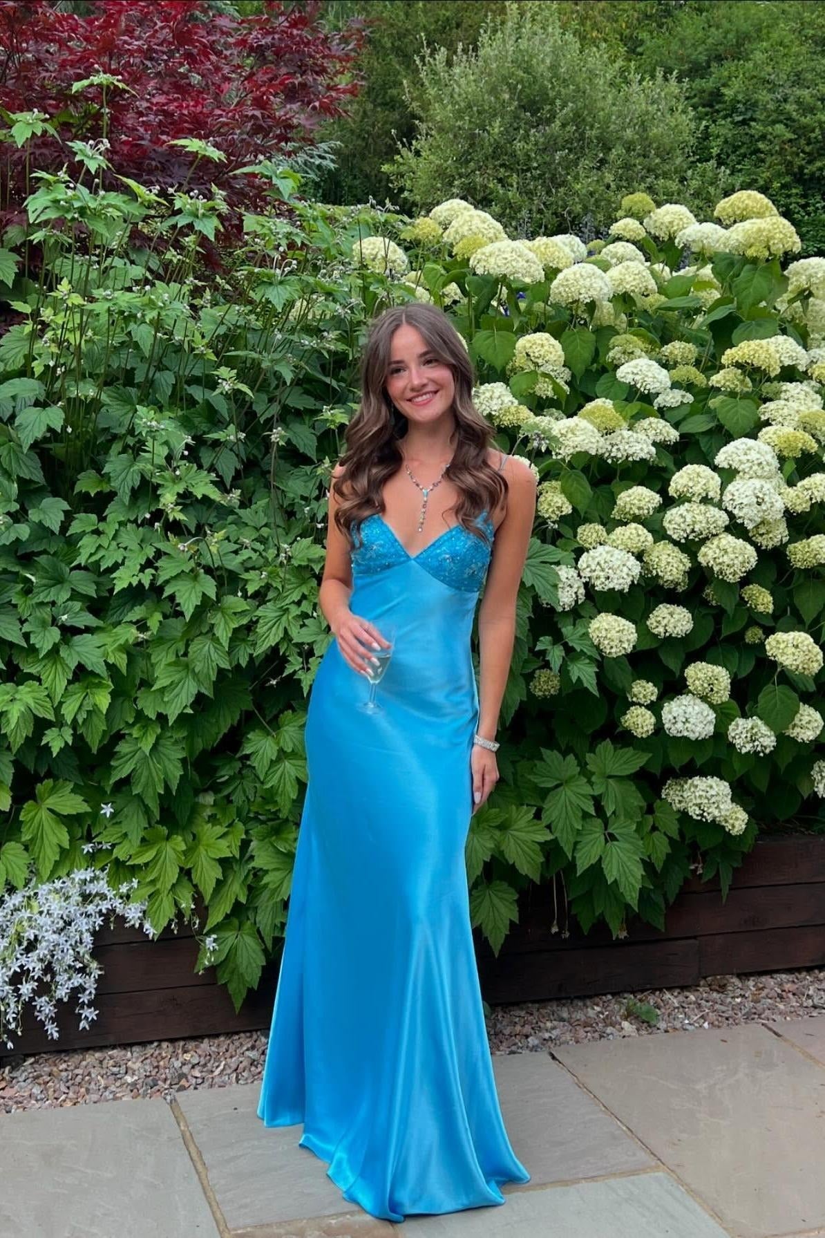 Turquoise Satin Beaded Gown – Deep V-Neck Backless Prom Dress with Bow Tie Back