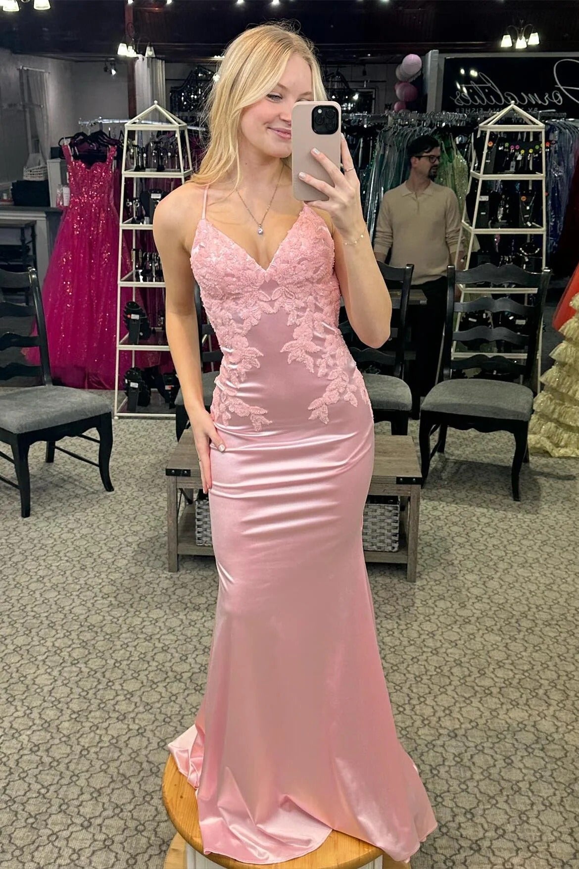 Turquoise Satin Beaded Gown – Deep V-Neck Backless Prom Dress with Bow Tie Back