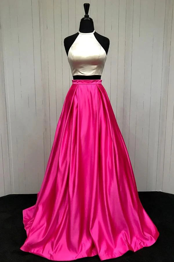 Two-Piece Hot Pink & White Halter Neck Open Back Satin A-Line Prom Maxi Gown with Train
