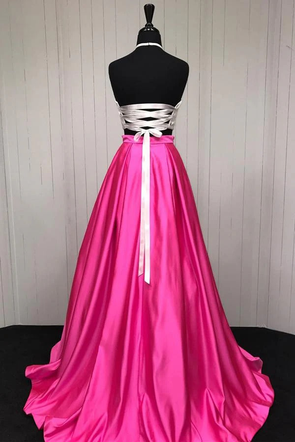 Two-Piece Hot Pink & White Halter Neck Open Back Satin A-Line Prom Maxi Gown with Train