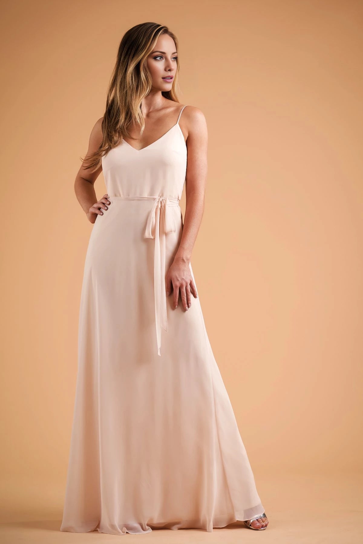 V-neckline off shoulder sleeveless thin shoulder strap backless and floor length Prom dress