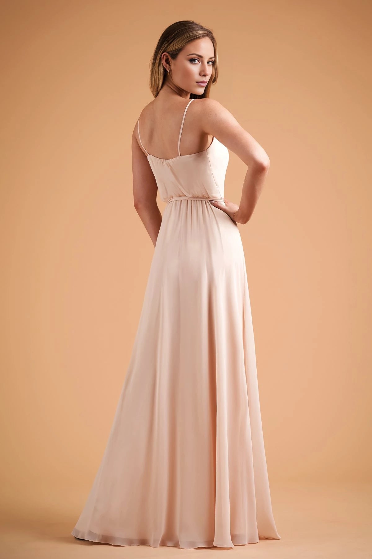 V-neckline off shoulder sleeveless thin shoulder strap backless and floor length Prom dress