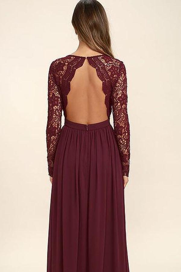 Reifes V-Ausschnitt Langarm Tief Burgund Spitze Chiffon Ballkleid Abendkleid