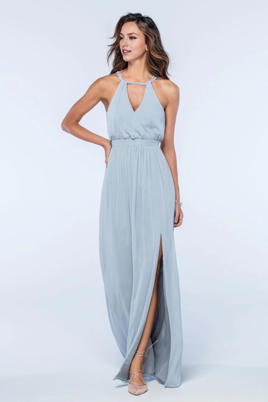 V-neck hanging neck sleeveless side slit and floor length evening dress