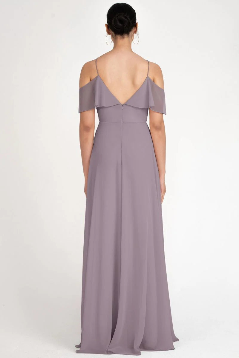 V-neckline off shoulder sleeveless thin shoulder straps backless and floor length evening dress