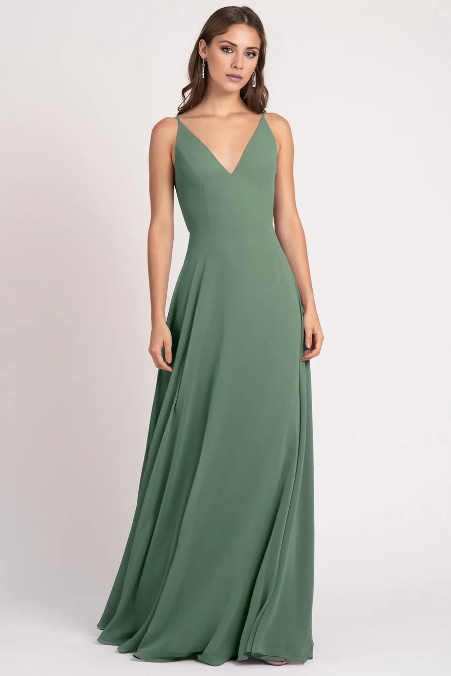 V-neckline off shoulder sleeveless thin shoulder straps backless and floor length evening dress