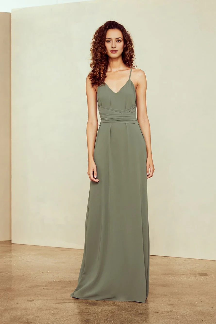 Robe de soirée longue sans manches, décolleté en V, épaules dénudées, fines bretelles, dos nu