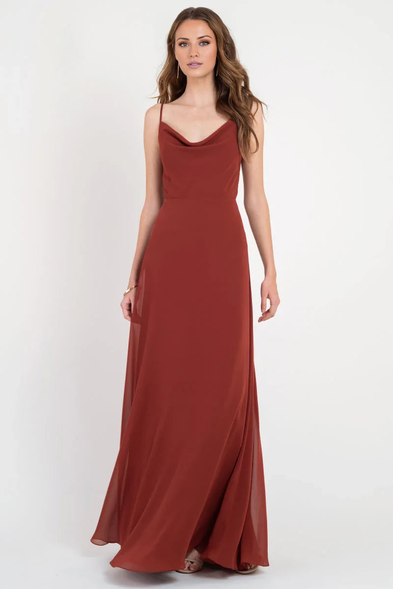 V-neckline off shoulder sleeveless thin shoulder straps backless and floor length evening dress