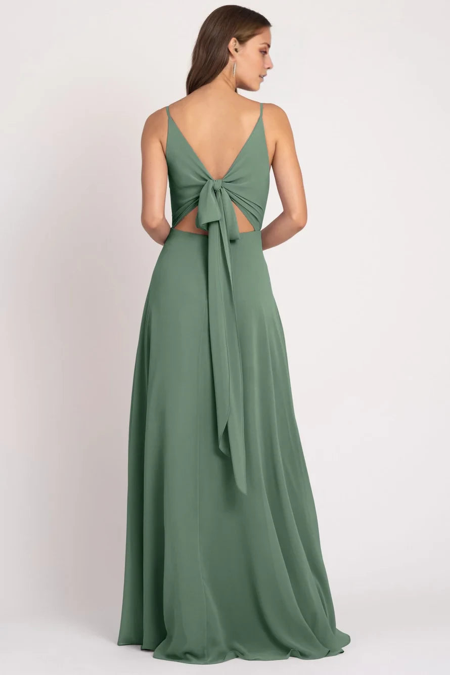 V-neckline off shoulder sleeveless thin shoulder straps backless and floor length evening dress