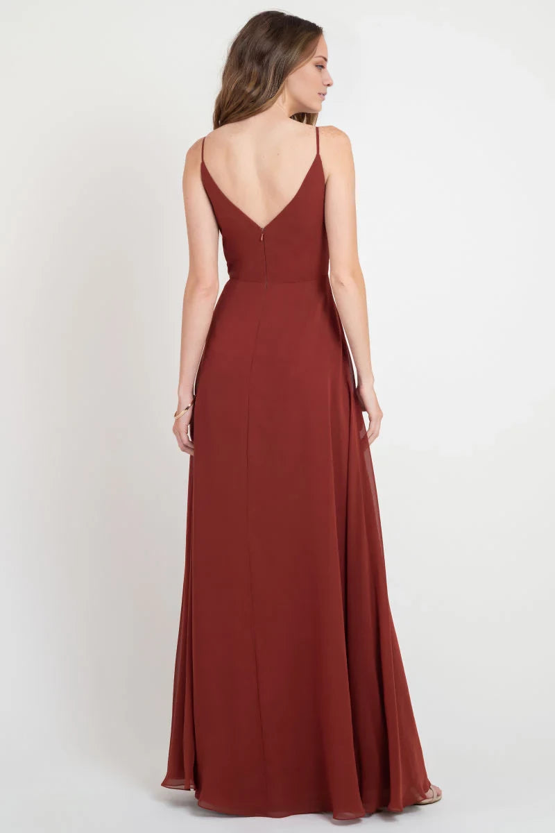 V-neckline off shoulder sleeveless thin shoulder straps backless and floor length evening dress