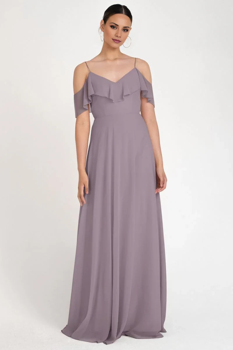 V-neckline off shoulder sleeveless thin shoulder straps backless and floor length evening dress