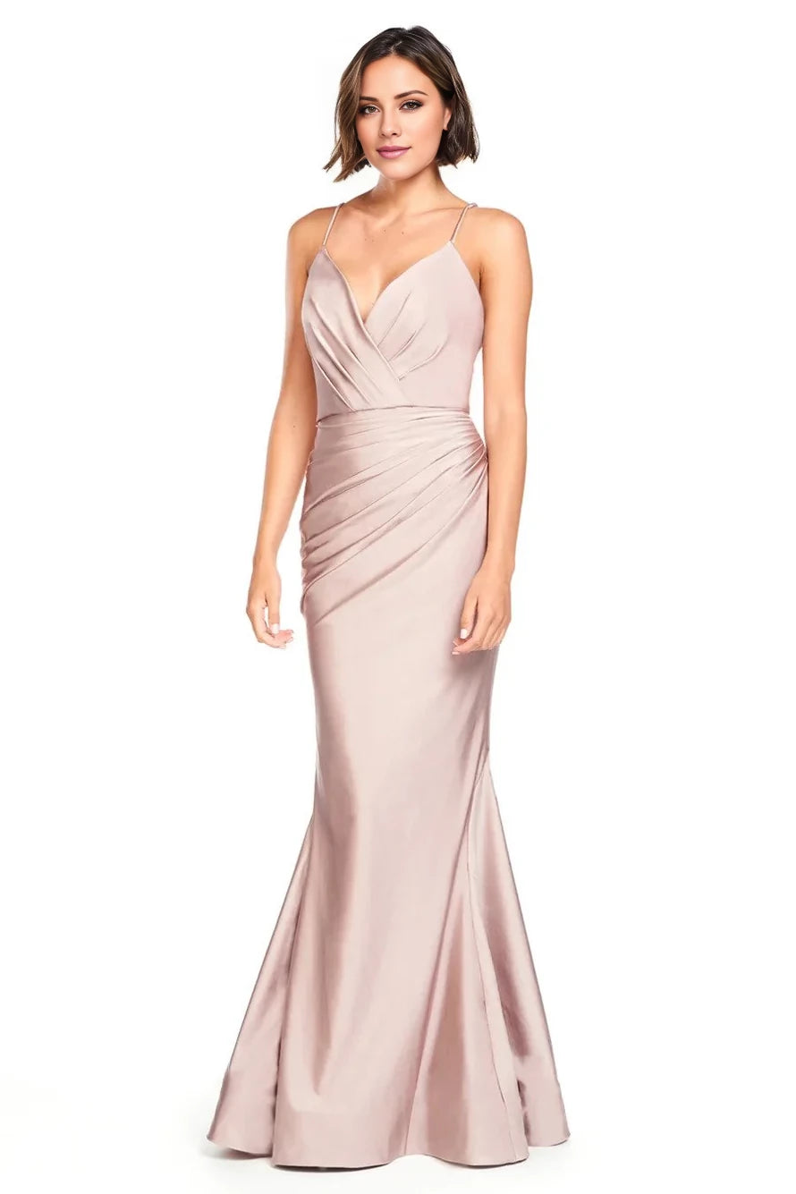 V-neckline off shoulder sleeveless thin shoulder straps backless and floor length evening dress