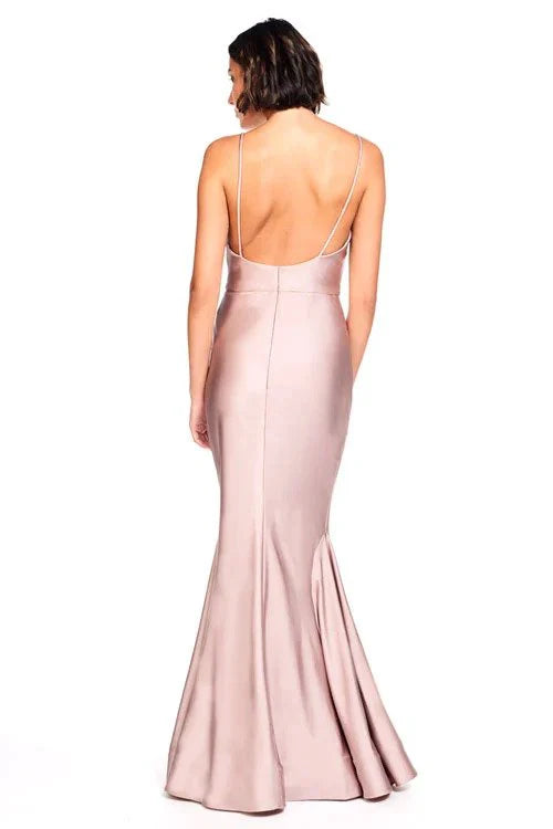 V-neckline off shoulder sleeveless thin shoulder straps backless and floor length evening dress