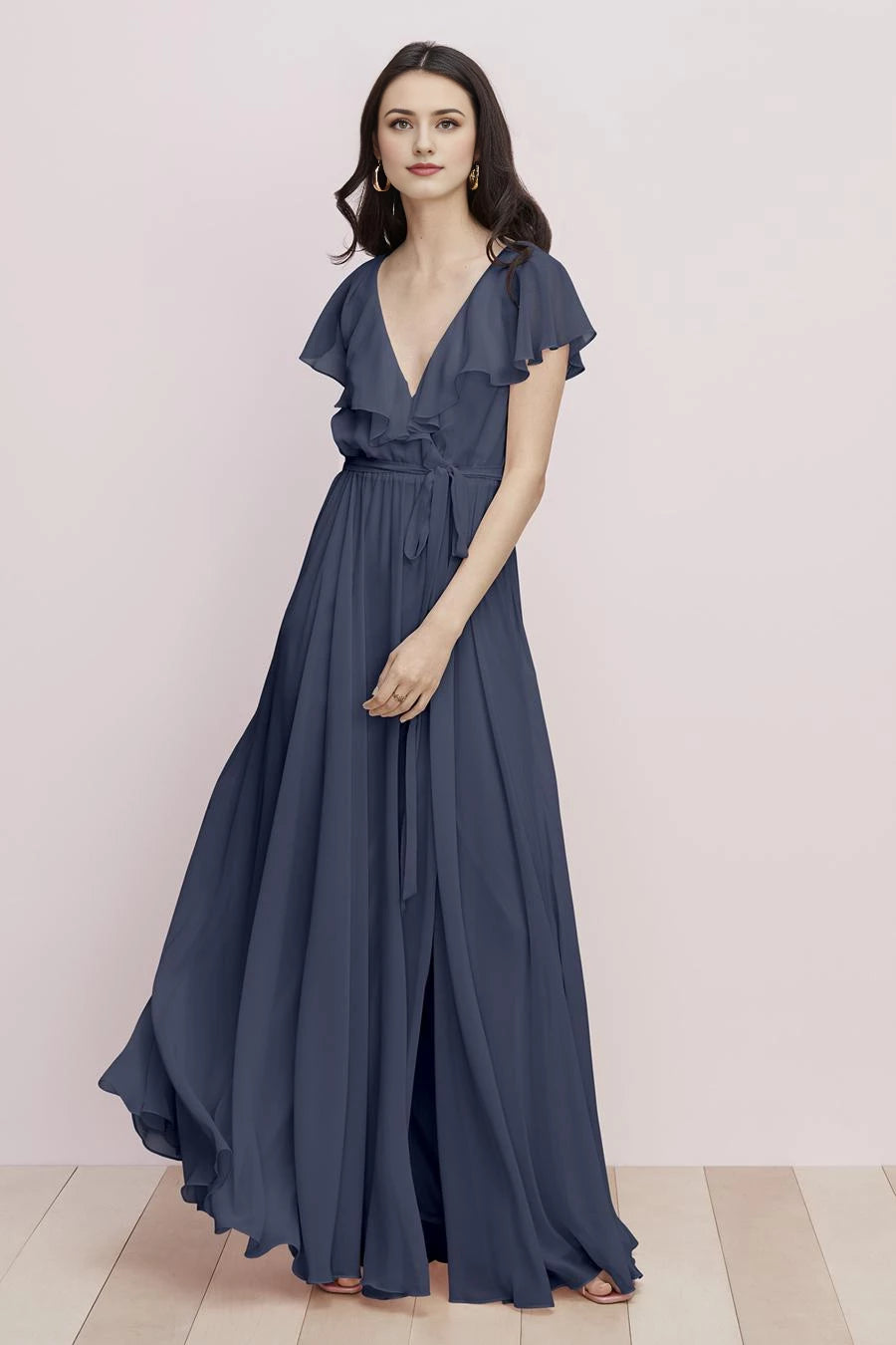 V-neckline short sleeved ruffle edge backless side slit and floor length Prom dress