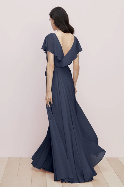 V-neckline short sleeved ruffle edge backless side slit and floor length Prom dress