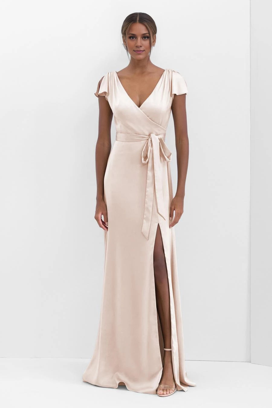 V-neck off shoulder short sleeved backless side slit and floor length Prom dress