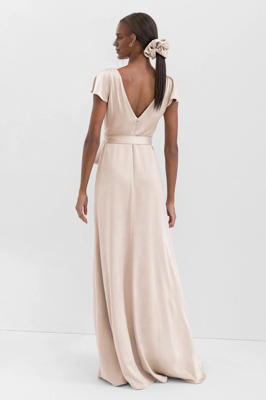 V-neck off shoulder short sleeved backless side slit and floor length Prom dress