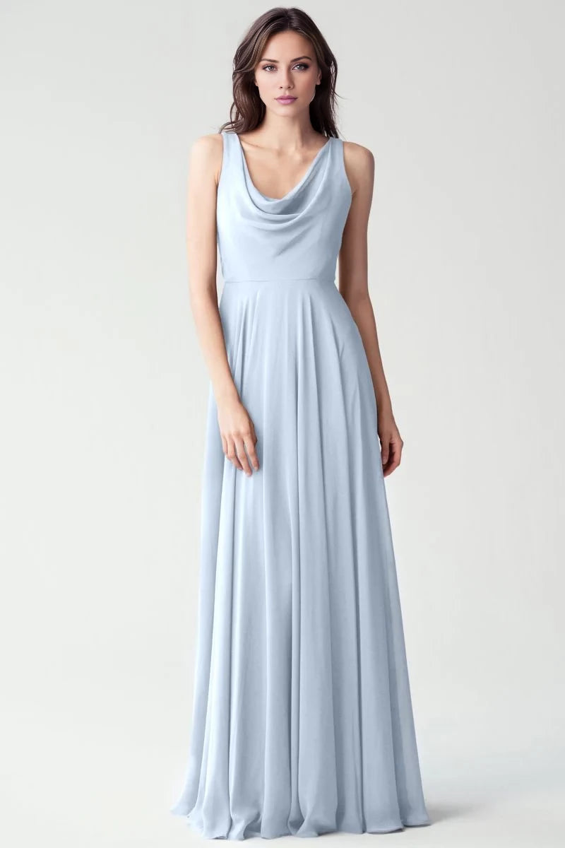 V-neck off shoulder sleeveless backless and floor length evening dress