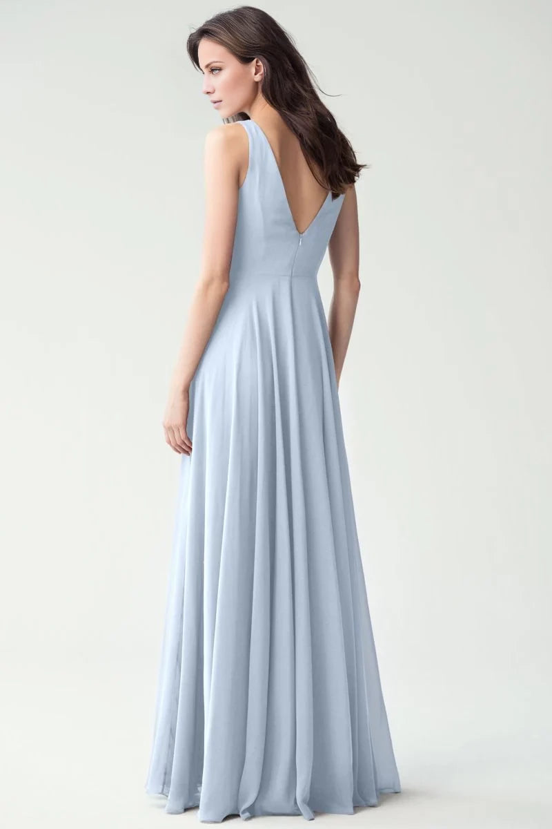 V-neck off shoulder sleeveless backless and floor length evening dress