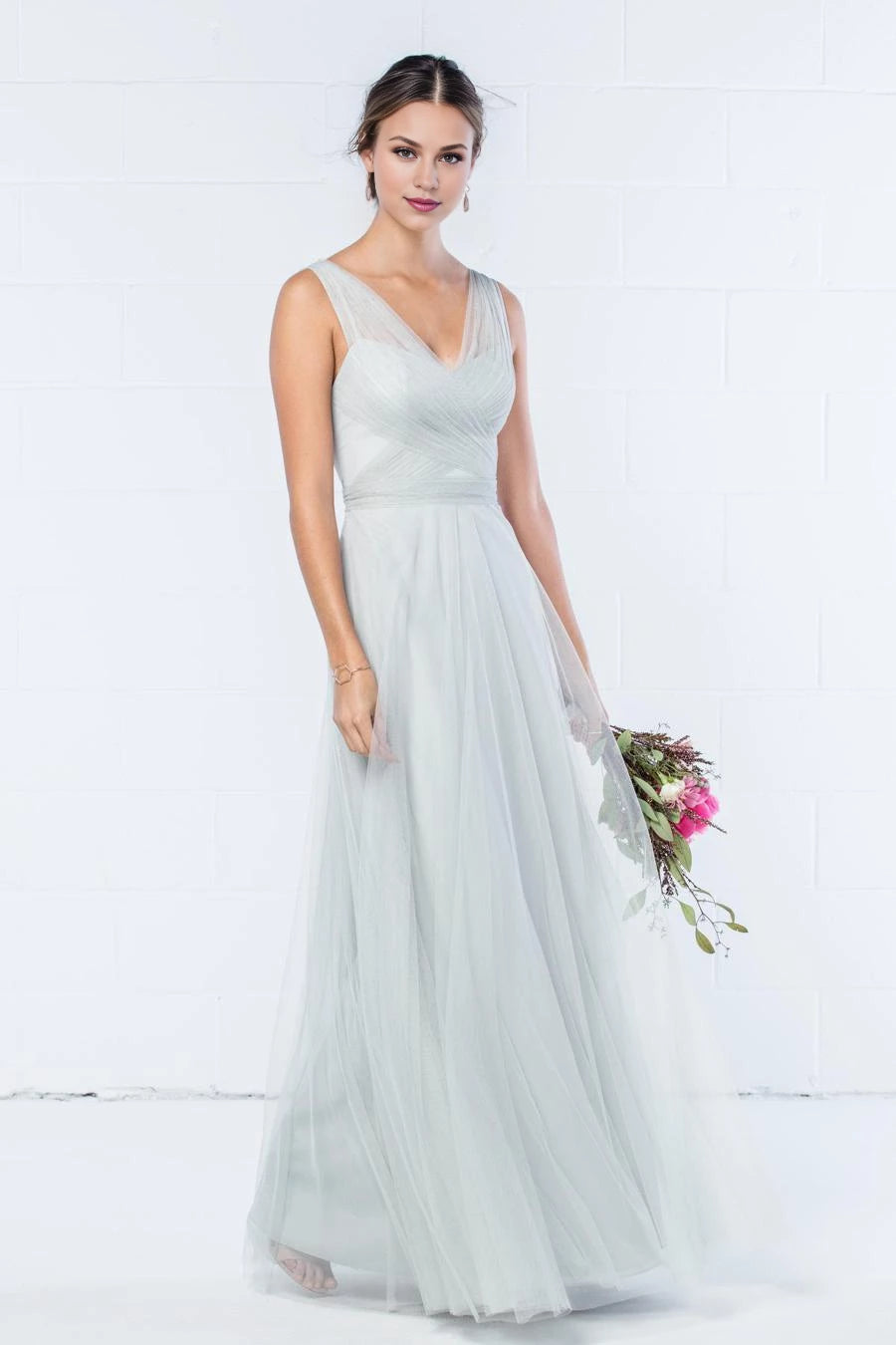 V-neck off shoulder sleeveless backless sheer and floor length evening dress