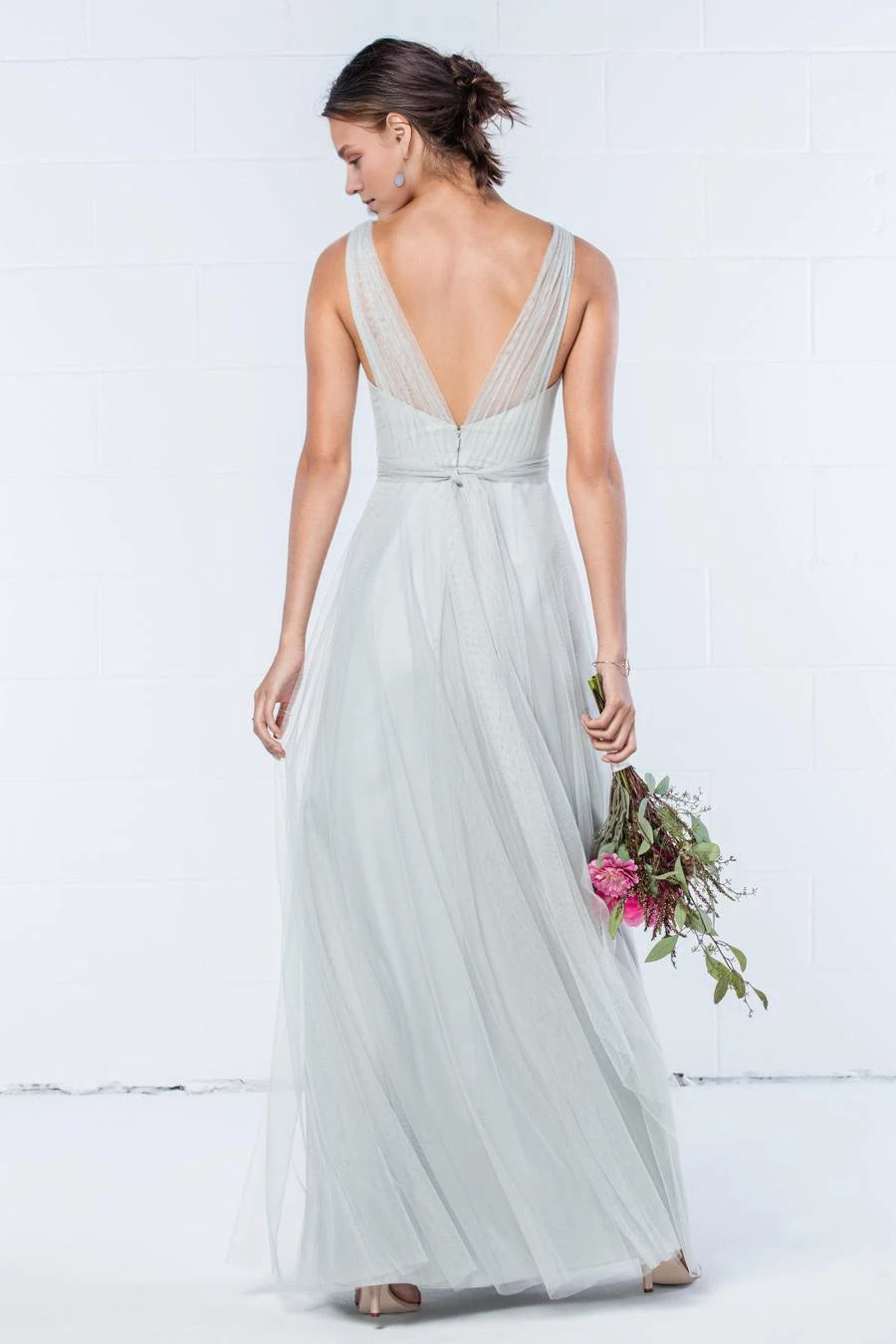 V-neck off shoulder sleeveless backless sheer and floor length evening dress