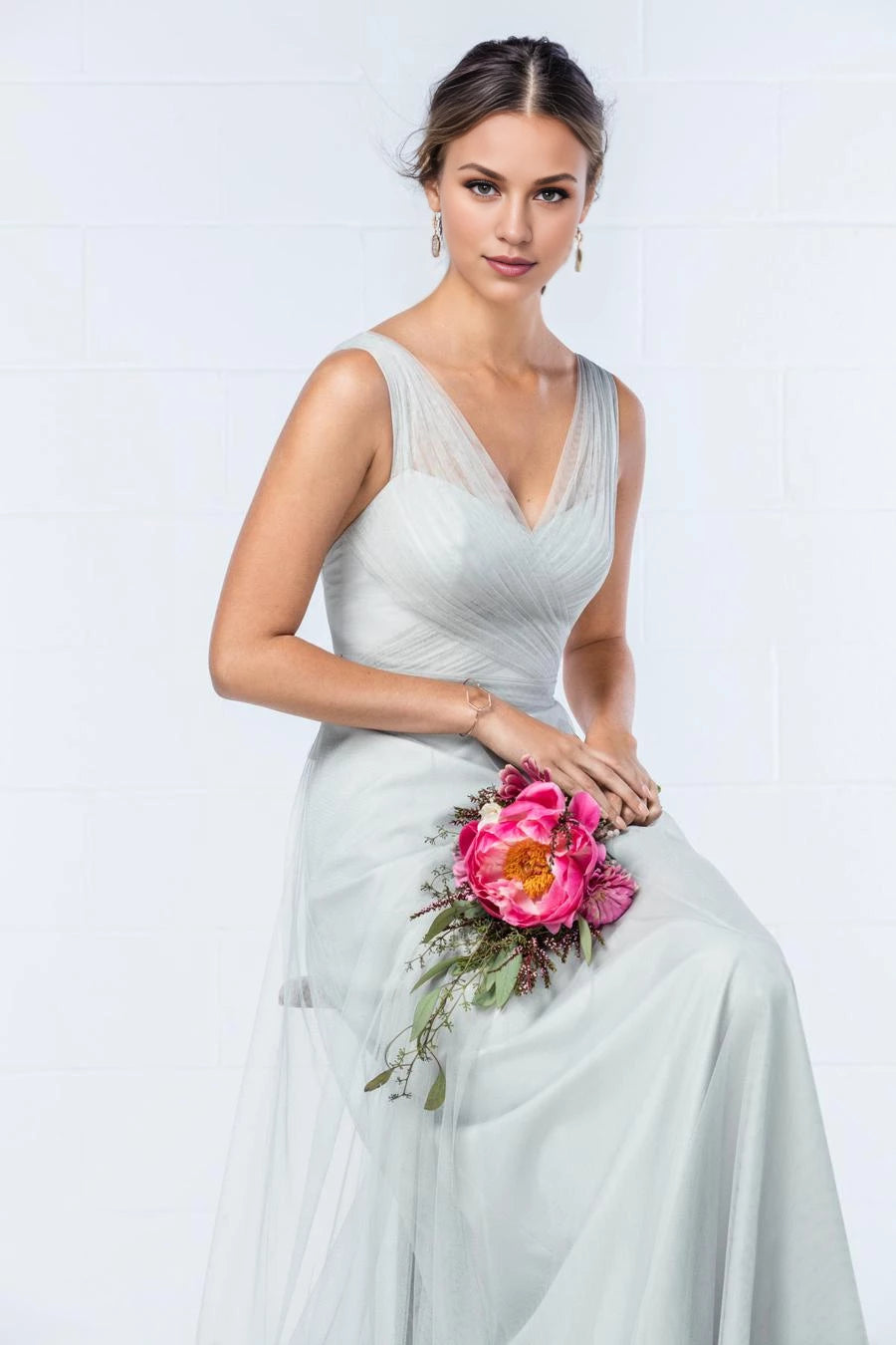 V-neck off shoulder sleeveless backless sheer and floor length evening dress