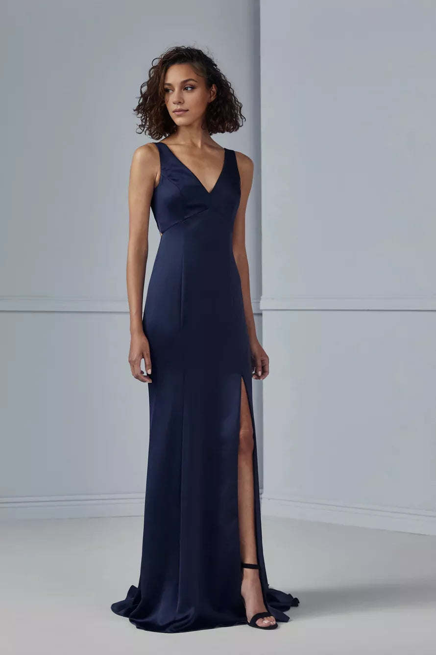 V-neck off shoulder sleeveless backless side slit and floor length Prom dress